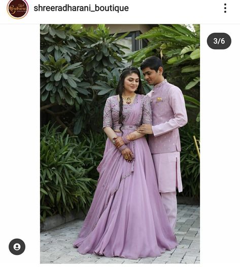 Lavender Colour Lehenga For Bride, Lavender Couple Outfits Indian, Simple Lehenga For Engagement, Couple Dresses For Engagement Indian, Couple Dress Matching Indian, Bride Reception Outfit, Engagement Dress For Bride Indian, Engagement Couple Dress, Engagement Portraits Poses