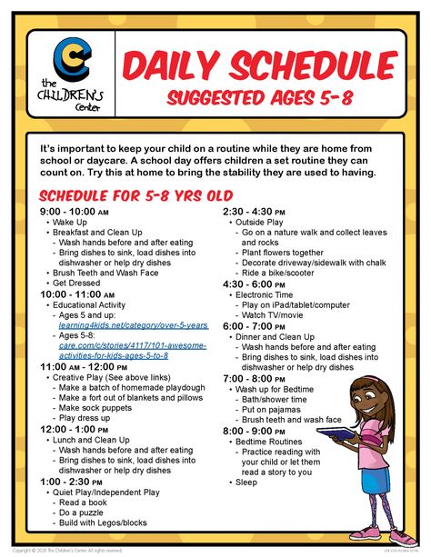 Daily Schedule • Ages 5-8 | The Children's Center Kids Summer Schedule, Routine Template, Family Routine, Daily Schedule Kids, Toddler Schedule, Summer Schedule, Kids Schedule, Parenting Skills, Daily Schedule