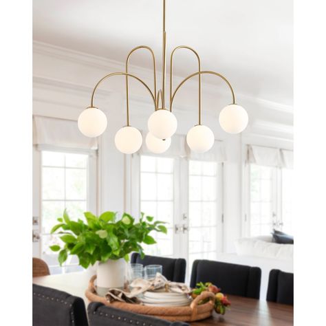 Modern Sputnik Gold 6-Light White Ball Glass Shade Pendant Lighting Fixture - Bed Bath & Beyond - 36913550 Cluster Chandelier, Empire Chandelier, Bubble Chandelier, Dining Room Light Fixtures, Globe Chandelier, Contemporary Chandelier, Sputnik Chandelier, Chandelier Shades, Kitchen Island Lighting