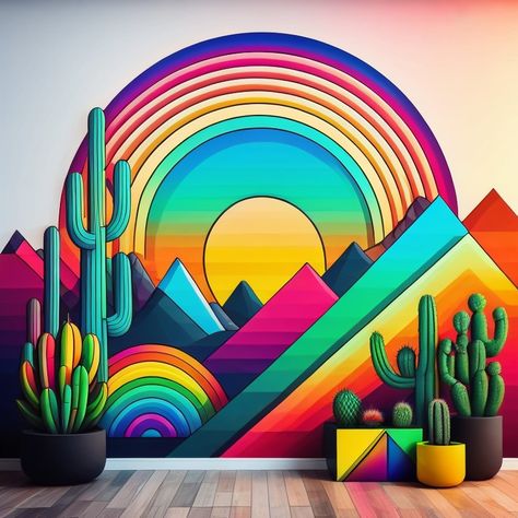 Mexico Mural Art, Portal Mural, Colorful Mural Wall, Mexican Mural Art, Mexican Murals, Cactus Mural, Frontyard Landscape, Dry Basil, Aesthetic Gardening