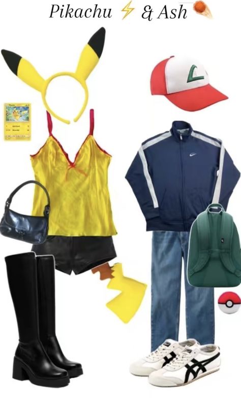 Back To The Future Couples Costume, Pikachu And Ash Costume, Ash And Pikachu Costume, Pikachu Halloween Costume, Pikachu And Ash, Pikachu Halloween, Original Halloween Costumes, Halloween Costumes Brunette, Pikachu Costume