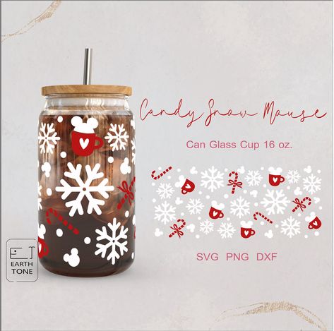 Glass Cup Design Christmas, Glass Can Cups Christmas, Glass Cups With Vinyl Christmas, Christmas Libbey Cup, Can Glass Wrap Svg Christmas, Starbucks Christmas, Small Mason Jars, Christmas Mouse, Cup Wrap