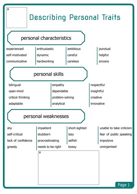 Describing Personal Traits - English ESL Worksheets for distance learning and physical classrooms Personal Skills, Personal Qualities, Ab Challenge, Health Signs, Descriptive Writing, Personal Identity, Speaking Skills, Teaching Jobs, Esl Worksheets