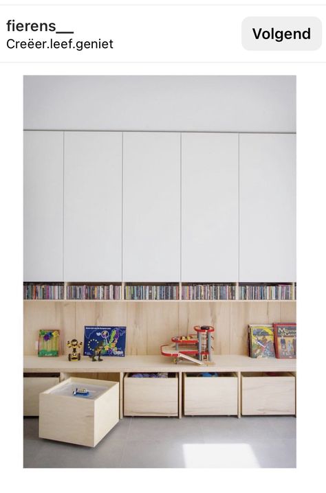 Ikea Kids Room Modern, Kids Storage Solution, Organized Toy Room, Playroom Paneling, Montessori Living Room Ideas, Store Toys In Living Room, Kids Storage Living Room, Trofast Bench, Playroom Storage Cabinets