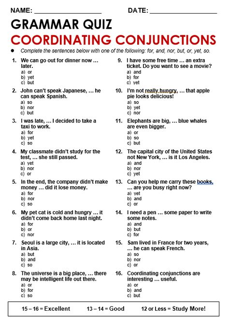 Coordinating Conjunctions - All Things Grammar Grammar Lessons Worksheets, English Conjunctions Worksheets, Fanboys Conjunctions Worksheet, Basic Grammar Worksheets, Coordinating Conjunctions Worksheet, Conjunctions Worksheet, English Grammar Test, Subordinating Conjunctions, Coordinating Conjunctions