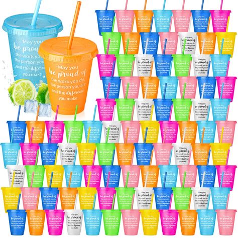 PRICES MAY VARY. Diverse Colors: these employee appreciation tumbler with lids and straws come in a whopping 12 glitter colors, with each package containing 60 cups; Each cup holds around 17 oz, ideal for various types of beverages such as juice, iced coffee, beer, and milk Inspirational Messages: quoted with warm, encouraging words, these employee appreciation cups go beyond their utility to deliver positivity and strength; Imprinting your gratitude and blessings, these cups serve as sweet, tho Staff Appreciation Ideas, Coworker Appreciation Gifts, Employee Appreciation Ideas, Employee Appreciation Board, Plastic Cups With Lids, Sunshine Committee, Teacher Morale, Lemonade Bar, Staff Appreciation Gifts