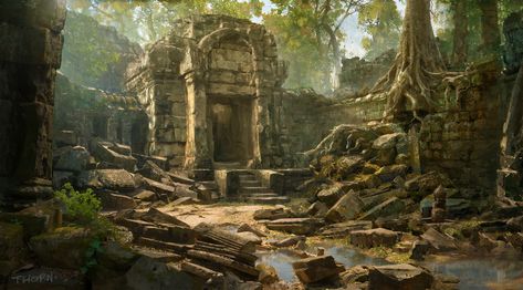 ArtStation - Temple ruins, Wanxing Wang Jungle Temple, Architecture Blueprints, Ruined City, Temple Ruins, Temple Art, Fantasy Forest, Fantasy City, Fantasy Places, Fantasy Map