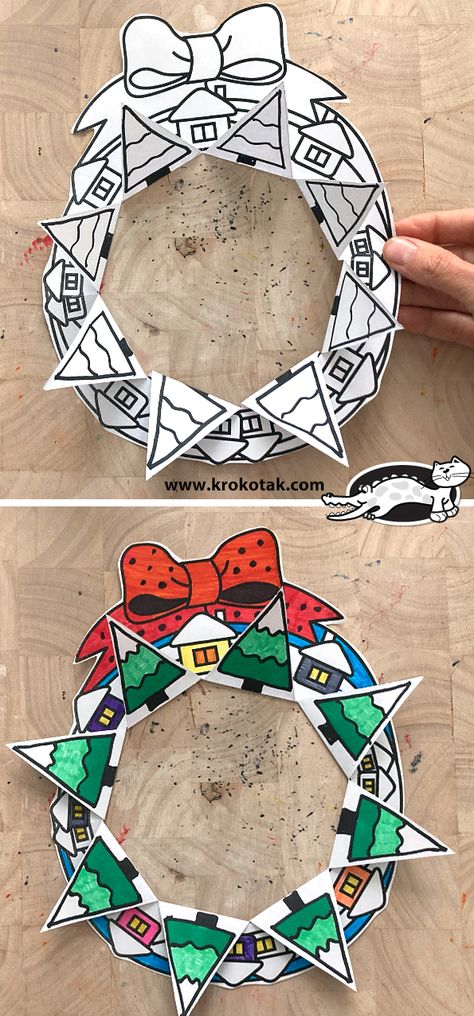 krokotak | Christmas wreath Christmas Art 5th Grade, 5th Grade Christmas Crafts, Advent Wreath Craft For Kids, Homeschool Christmas, Božićni Ukrasi, Christmas Art Projects, Directed Drawing, Christmas Activity, Nativity Crafts