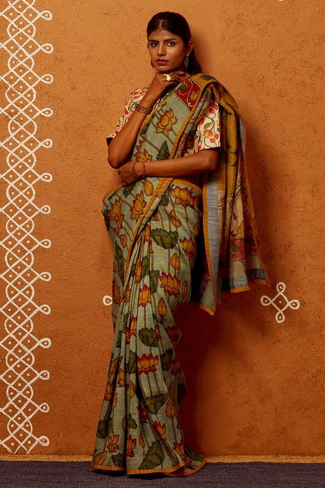 Kalamkari Fabric, Kalamkari Designs, Kalamkari Blouse, Tussar Saree, Saree Painting, Floral Print Sarees, Chanderi Saree, Khadi Saree, Bridal Lehenga Collection