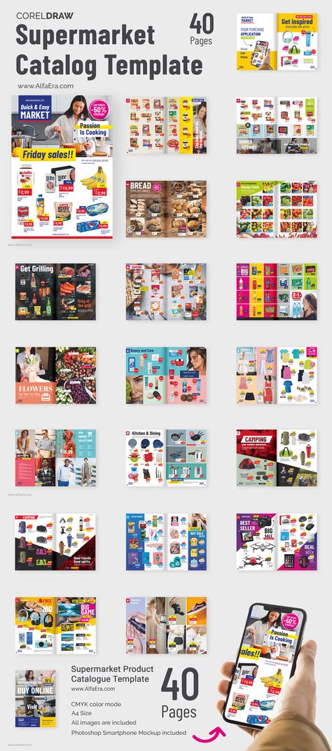 Supermarket CorelDraw Catalog Template + BONUS Photoshop Smartphone Mockup. Supermarket Catalogue, Supermarket Aesthetic, Food Catalog, Catalog Design Layout, Product Catalog Template, Smartphone Mockup, Catalogue Layout, Catalog Template, Page Layout Design