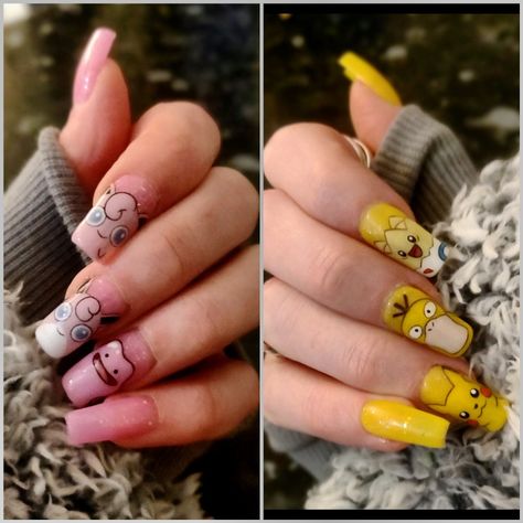 Eevee Nail Art, Psyduck Nails, Pokemon Nails Designs, Pokemon Nail Art, Pokemon Nails, Finger Bones, Detailed Nails, Painted Characters, Witch Nails