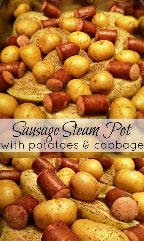 Smoked sausage or kielbasa steamed in one pot with cabbage and potatoes - can be made in the oven, on the stove-top or in your crock pot! Steam Pot Recipes, Sausage Ideas, Cabbage Sausage, Potatoes Cabbage, Polish Dishes, Traditional Meals, South Your Mouth, Sausage Potato, Paleo Pork