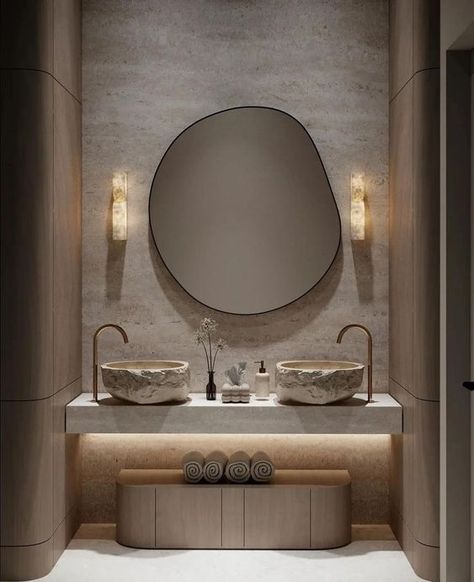 Bathroom Light Inspiration... 

The best way to light a bathroom mirror is both sides & make sure the light is shining out towards you. 

Pro Tip: Make sure your light has a cover or is diffused you don't want to be staring at a glary bulb when you're doing your makeup! 

#lighting #light #glare #mirror #residential #design #interior design Modern Powder Room Design, Minimalist Powder Room, Latest Bathroom Tiles, تصميم دورة مياه, Minimalistic Interior Design, Bathroom Lights Over Mirror, Modern Powder Room, Minimalistic Interior, White Bathroom Designs