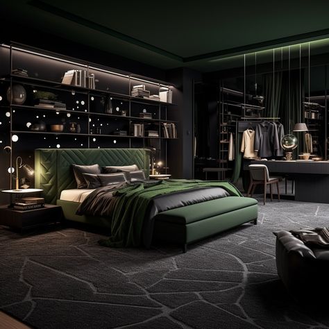 Step into this luxurious bedroom where dark tones meet rich green accents for the ultimate in modern sophistication. The plush textures and sleek design make this space perfect for relaxation and style. 💚🖤 Could you see yourself winding down in this cozy haven? Let me know what you love most! #BedroomGoals #LuxuryBedroom #GreenAndBlack #ModernInterior #CozyVibes #InteriorDesignInspo #ElegantSpaces #HomeDecor #PlushInteriors #DesignInspiration #DreamBedroom #InteriorGoals #ContemporaryLiving ... Emerald Bedroom, Black Interior Design, Green Bedroom, Black Room, Black Bedroom, Luxurious Bedroom, Green Bedding, See Yourself, Bedroom Goals