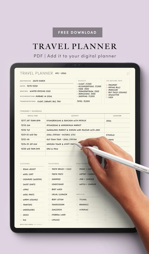 This month Freebie is available in the freebies library! Created a travel planner template in PDF that you can copy and paste into your digital planner. Perfectly in time for your holiday travels. How to: Please join our monthly newsletter and download them today! Don’t forget to tag @upliftingplanner to share how you use it. Tablet Notes, Planner Monthly Layout, Exam Planner, Goodnotes Digital Planner, Travel Planner Template, Travel Packing List, Planner For Ipad, Notion Dashboard, Student Planner Printable