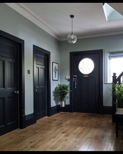 Benjamin Moore Misted Green, Misted Green, Edwardian Hallway, Edwardian Terrace, Light Walls, Hallway Paint, Black Interiors, Victorian Hallway, Going Dark