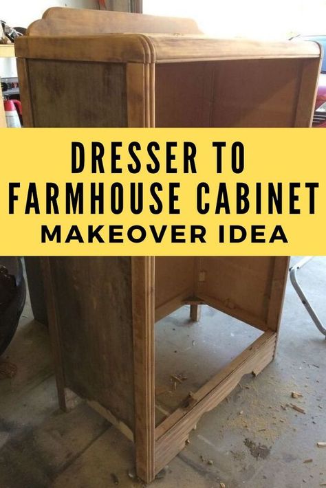 Tall Dresser In Kitchen Ideas, Diy Dresser To Cabinet, Converting A Dresser Into A Bookshelf, Dresser Conversion Ideas, Tall Dresser Refinishing Ideas, Dresser To Shelves Diy, Farmhouse Cabinets Diy, Upcycled Tall Dresser, Dressers As Kitchen Cabinets