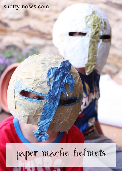 How to make Paper Mache Helmets. A really easy activity to nurture your child's creativity. Paper Mache Helmet Diy, Paper Mache Viking Helmet, Paper Mache Helmet, Paper Mache Ideas, Castle Vbs, Diy Paper Mache, Making Paper Mache, Active Learning, Pee Wee