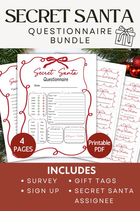 🎁✨ Get ready for the ultimate gift exchange with our Secret Santa Questionnaire Bundle! 🎄 This 4-page set includes everything you need: a survey, sign-up sheet, gift tags, and a Secret Santa assignee form. Perfect for keeping the holiday fun organized and stress-free! 🎅🎉

#SecretSantaBundle #HolidayGiftExchange #ChristmasPartyIdeas #PrintableQuestionnaire #GiftExchange #Holidayparty#FestivePrintables #ChristmasPlanner #DIYSecretSanta #secretsanta #secretsantaquestionnaire Secret Santa Survey, Christmas Invitation Templates, Christmas Invites, Secret Santa Questionnaire, Holiday Gift Exchange, Favorite Things Party, Games Christmas, Fun Organization, Christmas Invitation