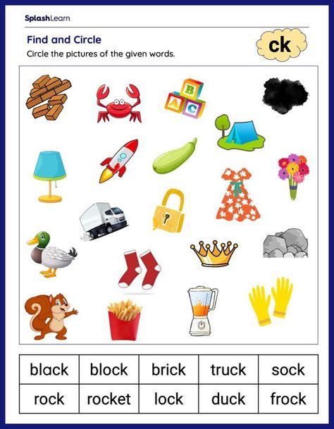 Circle Pictures with ck Sound - ELA Worksheets - SplashLearn Ck Worksheets, Digraph Ck, Kindergarten Enrichment, Circle Pictures, Letter M Worksheets, Vacation Itinerary Template, Media Pembelajaran, Digraphs Worksheets, Letter B Worksheets