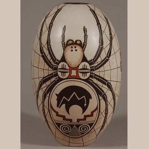 Hopi Pottery, Kokopelli Art, Gourd Painting, Huntsman Spider, Hopi Tribe, Aboriginal Education, Lace Tattoo Design, Be Friendly, Spider Design