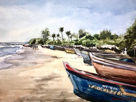 Sunny day on a Goan Beach - Watercolor Painting from my #etsy shop: Sunny Goan Beach / Watercolor Painting / Goa India Goa Watercolor Painting, India Watercolor Painting, Goa Painting, Goa Illustration, Beach Painting Watercolor, Goa Wallpaper, Labels Ideas, Jenna Rainey, Goa Beach