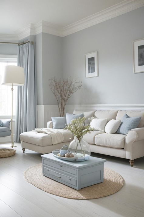 Living Room Paint Color Ideas Grey, Light Blue Grey Walls, Grey Blue Room, Baby Blue Living Room, Pale Blue Living Room, Light Blue Couch Living Room, Light Blue Couch, Grey And Blue Living Room, Light Grey Living Room