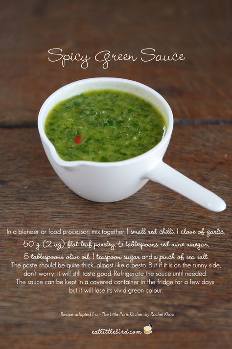 Spicy Green Sauce, Rachel Khoo Recipes, Rachel Khoo, Vietnamese Pho, Green Sauce, Savory Sauce, French Cooking, Food Test, Red Wine Vinegar