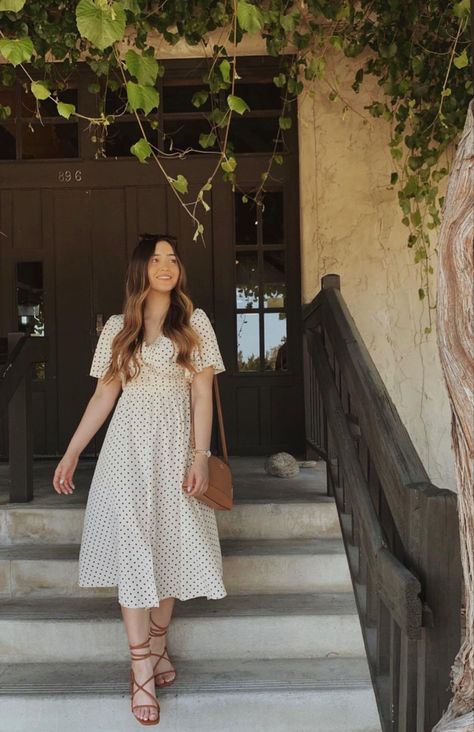 Casual Dress With Cardigan, White Modest Midi Dress For Summer, Modest Summer Dresses Casual, Date Outfits Women, Cute Polka Dot Dress-up Dresses, White Modest Dress With Ditsy Floral Print, White Church Outfit, Romantic Summer Outfits, Church Outfit Dress