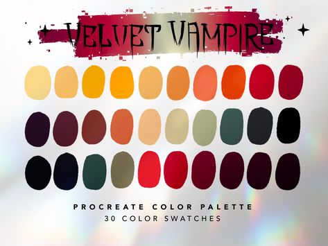 Velvet Vampire Color Palette For Procreate This color palette contains 30 color swatches to use in Procreate App. These colors were handpicked and were inspired by vampire and horror themes. ⭐️ || YOU WILL RECEIVE || ⭐️ 1 x Procreate Palette Instructions 1 x JPG file with all swatches 1 x Velvet Vampire Color Palette for Procreate || .swatches file ⭐️ || HOW TO USE || ⭐️ 1. You will receive an email after you complete checkout with a link to download the files. 2. You can also log into your Etsy Goth Pallete Color, Vampire Skin Tone Palette, Calico Color Palette, Color Palette With Red And Black, Tim Burton Color Palette, Vampire Palette, Halloween Color Pallet, Gothic Colour Palette, Blood Color Palette