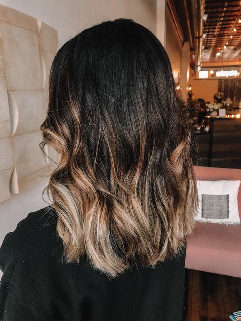 Brown Hair Colored Ends, Dark Hair Light Tips, Dark Brown Ombre Hair Medium, Dark To Light Ombre Hair Short, Dark Hair With Light Tips, High Contrast Ombre Hair, Brunette Blonde Tips, Bottom Hair Highlights, Dark Brown Hair With Light Ends