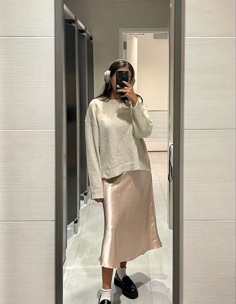 Loafers Outfit Teacher, Chunky Loafer Midi Skirt, Midi Skirt With Loafers Outfit, Midi Dress Loafers, Satin Skirt And Loafers, Loafers With Midi Skirt, Office Outfit With Loafers, Sony Xm5 Headphones Outfit, Long Dress And Loafers Outfit