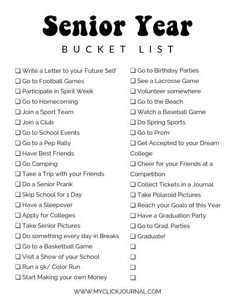 Things To Do In Last Year Of School, Senior Year Bucket List High School, Things You Need For Senior Year, Senior High School Supplies, 100 Things To Do Before High School List, Senior Ideas High School 2023, Future Bucket List, Bucket List This Year, List Of Things I Did This Year