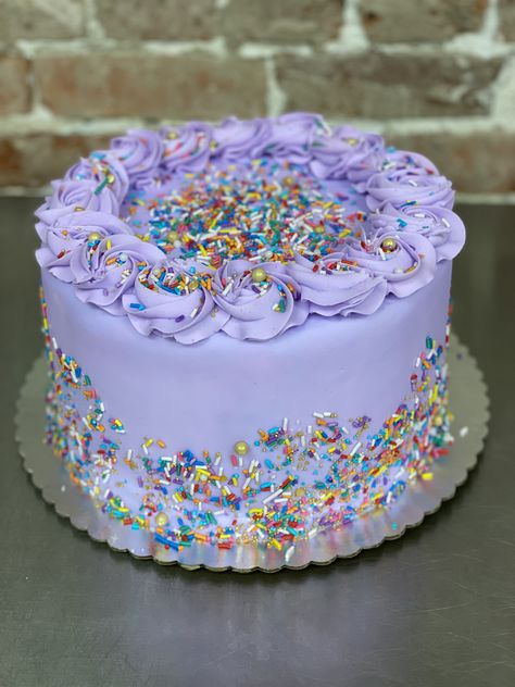 Pastel Purple Cake Simple, Purple Glitter Cake, Purple Funfetti Cake, Purple Colour Birthday Cake, Purple Sprinkle Cake, Purple Sprinkle Birthday Cake, Bakery Style Cake, Purple Cakes Birthday, Chocolate Drip Cake