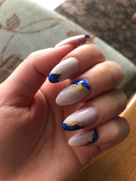 White Blue Gold Nails, White Gold And Blue Nails, Ffa Nails Ideas Blue Gold, Blue White Gold Nails, Blue White And Gold Nails, Ffa Nails, Blue And Yellow Nails, Blue Gold Nails, Royal Blue Nails Designs