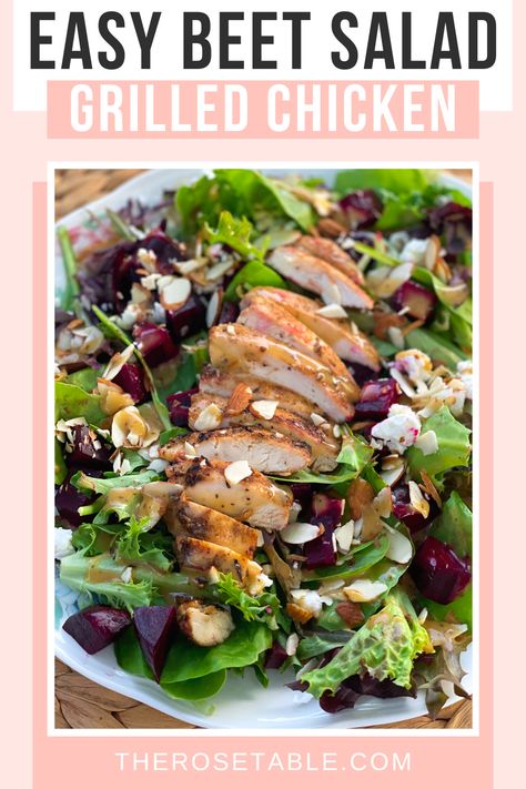 Delicious, healthy salad with roasted beets, grilled chicken, goat cheese, and almonds! Chicken And Beet Salad, Chicken And Goat Cheese Salad, Roasted Beet Salad With Chicken, Chicken Beet Salad, Best Goat Cheese Salad, Chicken And Beets Recipes, Salad With Chicken Breast, Roasted Veg Salad, Chicken Goat Cheese