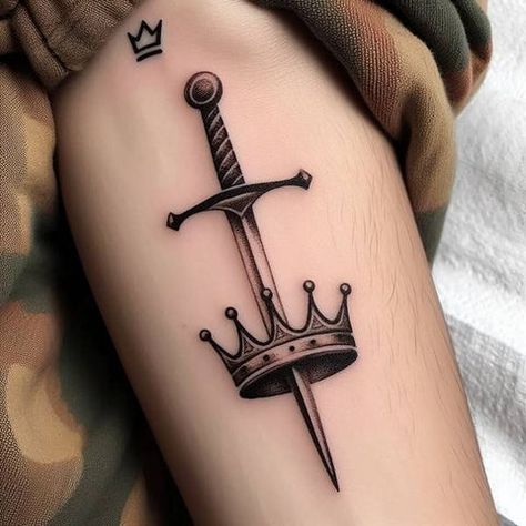 Knight Tattoo, Crown Tattoo, American Traditional, Tattoo Fonts, Swords, Crown, Queen, Tattoos, Quick Saves