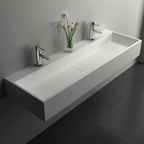 Homary Matte White Resin Rectangular Trough Bathroom Sink | Wayfair Wall Hung Sink, Floating Sink, Casa Clean, Trough Sink, Wall Mounted Sink, Stone Basin, Double Basin, Wall Mounted Bathroom Sink, Sink Design