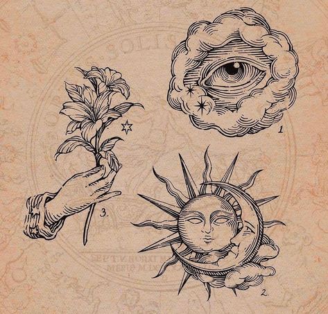 Vintage Esoteric Illustration, Sun And Moon Etching Tattoo, Art Nouveau Sun And Moon Tattoo, Vintage Celestial Tattoo, Medieval Sun And Moon Tattoo, Sun And Eye Tattoo, Vintage Sun And Moon Tattoo, Sun Moon Back Tattoo, Dark Boho Tattoo