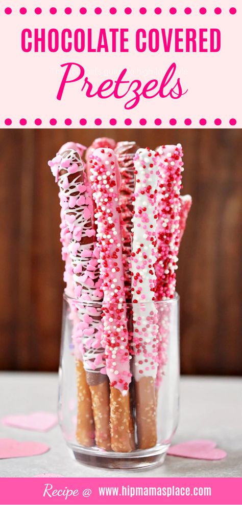 Valentine Pretzels, Easy Sweet Treats, Chocolate Covered Pretzels Recipe, Valentines Desserts, Pink Treats, Chocolate Covered Pretzel Rods, Valentines Baby Shower, Baby Shower Treats, Bridal Shower Cookies