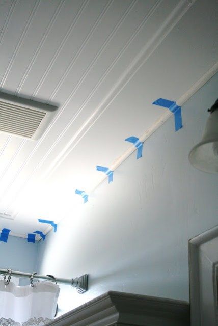 Beadboard Ceiling in Bathroom - The House of Smiths Bathroom Beadboard, Diy Beadboard, Ceiling Bathroom, Beadboard Bathroom, Budget Kitchen Remodel, Beadboard Ceiling, Ceiling Texture, Basement Ceiling, Bathroom Ceiling