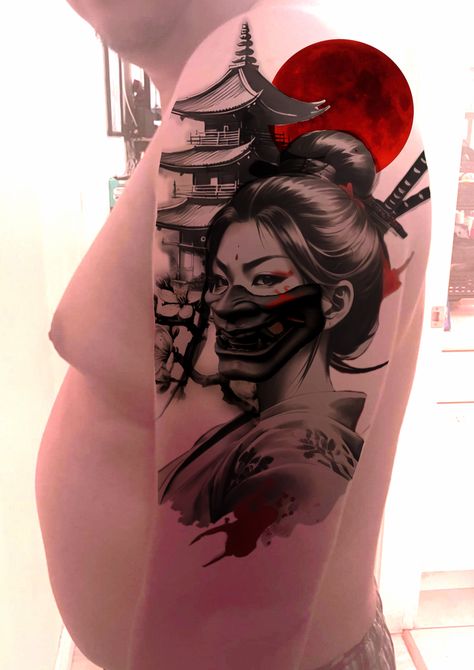 Woman Samurai Tattoo, Lady Samurai Tattoo, Geisha And Samurai Tattoo, Female Samurai Tattoo Geishas, Samurai Girl Tattoo, Female Samurai Tattoo, Geisha Tattoo Design, Trash Polka Tattoo Designs, Female Samurai