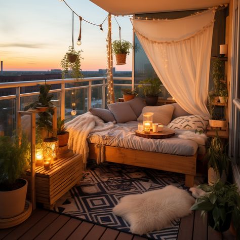 Bohemian Patio Ideas, Wooden Balcony, Small Patio Design, Condo Balcony, Bohemian Patio, Backyard Patio Deck, Big Balcony, Balcony Design Ideas, Small Balcony Design