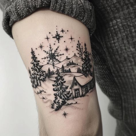 Winter Scene Tattoo, Lighthouse Tattoos For Women, Small Holiday Tattoos, Christmas Tattoos For Women, Noel Tattoo, December Tattoos Ideas, Winter Tattoo Ideas, Christmas Tree Tattoo, Season Tattoo