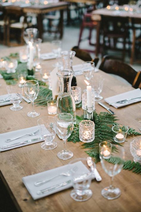 11 Ways to Use Ferns in Your Wedding Simple And Cheap Wedding Decor, Ferns For Wedding Decor, Ethereal Wedding Centerpieces, Fern Centerpiece, Brazil Wedding, Simple Reception, Wedding Candles Table, Fern Wedding, Redwood Wedding