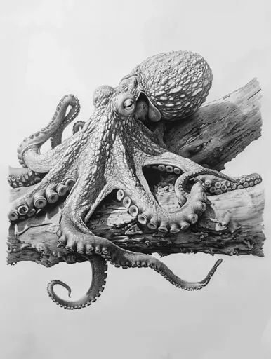 ↑↑↑ Larger size on website 🔸 A detailed pencil drawing of an octopus resting on a piece of driftwood. Its large, bulbous head and 🔸 From Midjourney AI Image Octopus Woman Drawing, Octopus Pencil Drawing, Octopus Eyes, Octopus Illustration, Octopus Tentacles, Sense Of Life, Woman Drawing, Fantasy Illustration, Realistic Drawings