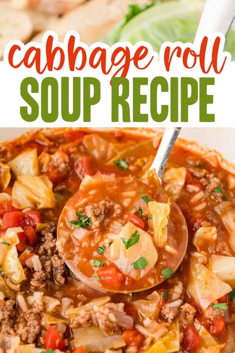 Our Cabbage Roll Soup Recipe is simple comfort food that feeds a crowd! Less work than traditional cabbage rolls with all of that same delicious, hearty flavor. Cabbage Roll Soup Recipe, Cabbage Soup Crockpot, Cabbage Soup Diet Plan, Stuffed Rolls, Unstuffed Cabbage Roll Soup, Cabbage Soup Diet Recipe, Unstuffed Cabbage Rolls, Healing Soup, Unstuffed Cabbage