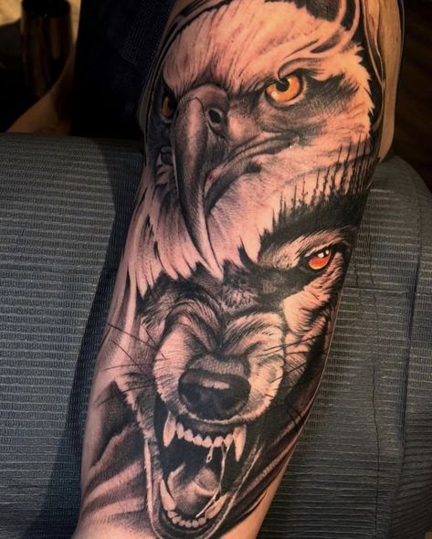 Eagle And Wolf Tattoo, Eagle And Wolf, Forest Forearm Tattoo, Animal Tattoos For Men, Gladiator Tattoo, Wolf Tattoos Men, Animal Sleeve Tattoo, Wolf Tattoo Sleeve, Realistic Tattoo Sleeve