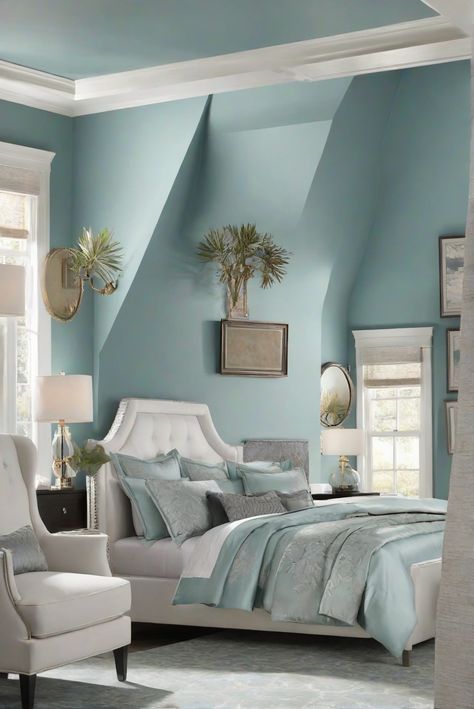 Creating Dreamy & Glamorous Girly Apartment: Romantic Retreat 2024 - upgradesign.blog Greenish Blue Living Room Walls, Soft Teal Paint Color, Blue Green Room, Light Teal Bedroom, Blue Feature Wall Living Room, Teal Bedroom Walls, Blue Green Rooms, Colorful Living Room Bright, Renovation Living Room