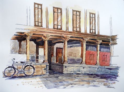 ArtEWorld by Sanika Dhanorkar: Pen & Watercolour Wash Sketch: Raste Wada, Pune, I... Maquette Architecture, Watercolour Wash, Pen And Wash, Sketching Ideas, Art Corner, Indian Architecture, Indian Artist, Watercolor Wash, Watercolour Art